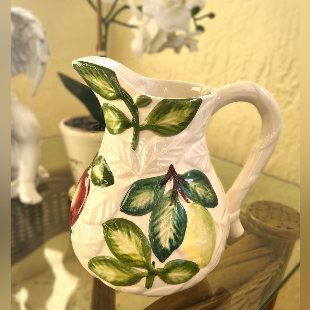 Large Vintage Porcelain Pitcher Made In Portugal With Embossed Fruits